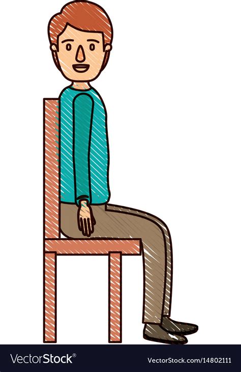 Color Crayon Stripe Cartoon Full Body Guy Sit In A