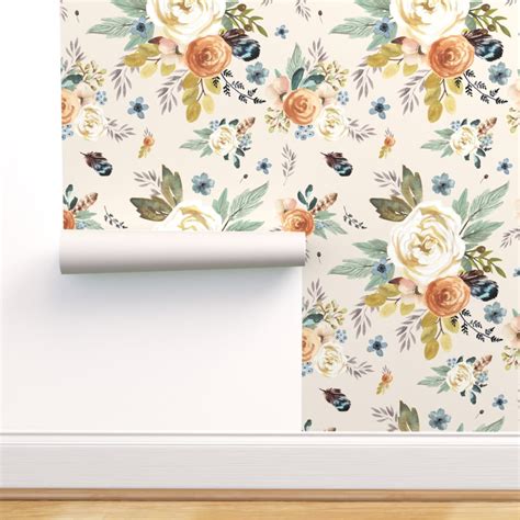 Peel And Stick Wallpaper 12ft X 2ft Western Autumn Florals Ivory Rustic