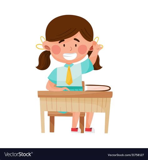 Girl Character Sitting At School Desk Raising Hand