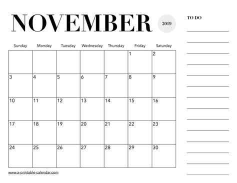 2019 Calendar November A Printable Calendar