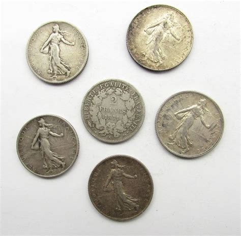 6 Silver 2 Francs Coins 1871 1901 1915 1918