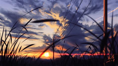 Download 1920x1080 Anime Landscape Sunset Scenic Grass Painting