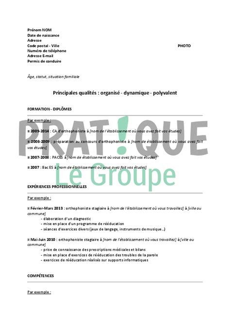 Modèle de CV pour un stage d’orthophoniste  Pratique.fr