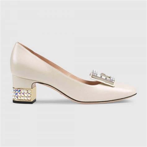 Gucci Women Shoe Leather Mid Heel Pump With Crystal G 50mm Heel White