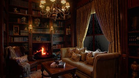 Home Library With Crackling Fireplace Rcozyplaces