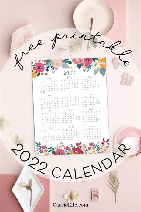 Free Printable 2022 Year At A Glance Floral Calendar Carrie Elle