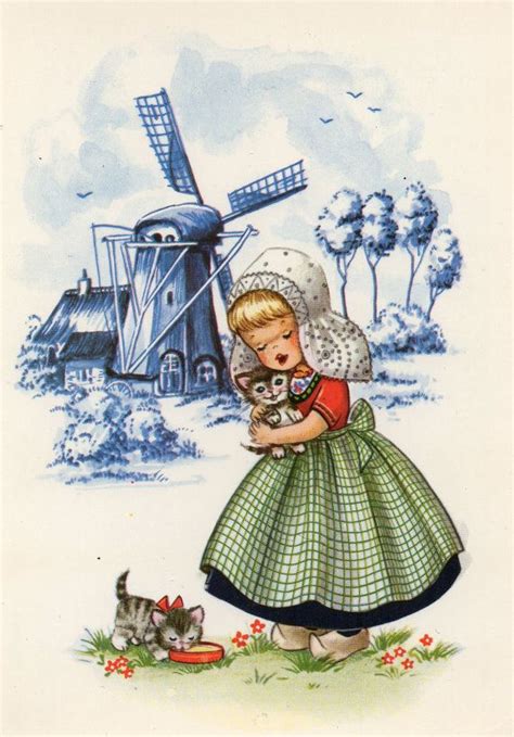 Vintage Postcard Dutch Girl And Little Kittens Vintage Postcard
