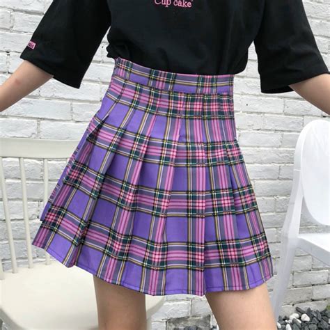 Harajuku Purple Plaid High Waist Pleated Skirt Women Retro Cotton Loose