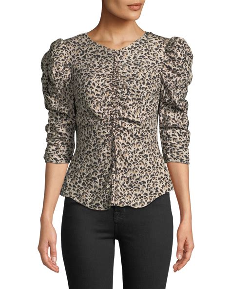 Rebecca Taylor Ruched Puff Sleeve Leopard Print Top Neiman Marcus