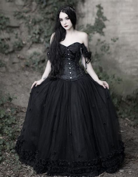 Romantic Black Gothic Flower Off The Shoulder Corset Prom Ball Gown Long Dress In Gothic