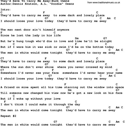 Lyrics © universal music publishing group powered by lyricfind. Country Music:They'd Have To Carry Me Away-Buck Owens ...