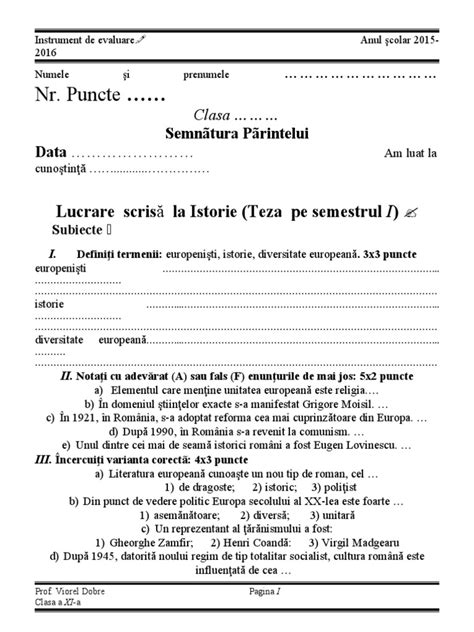 Teza La Istorie Clasa A Xia Sem I Pdf