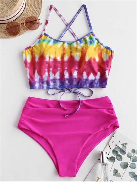 Zaful Rainbow Tie Dye Lace Up Tummy Control Tankini Swimsuit Multi A