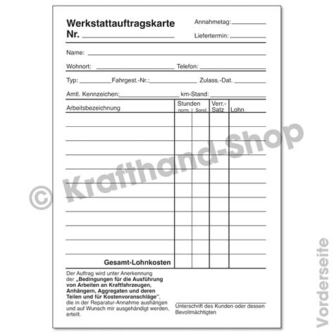 Vordruck m printed form, blank. Krafthand | Werkstattauftrag DIN A6 | online kaufen