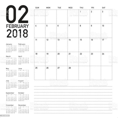 February 2018 Calendar Planner Vector Illustration Stock Illustration