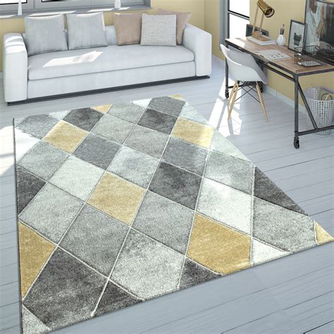 Teppich (160 x 230 cm), gelb und grau. Kurzflor-Teppich Rauten-Muster Gelb Grau | TeppichCenter24