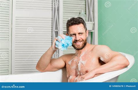 Macho With Sponge Take Bath At Home Metrosexual Concept Taking Bath
