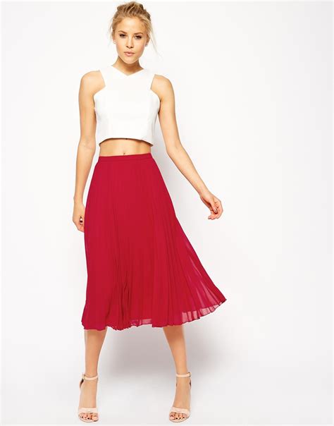 Asos Pleated Midi Skirt In Red Lyst