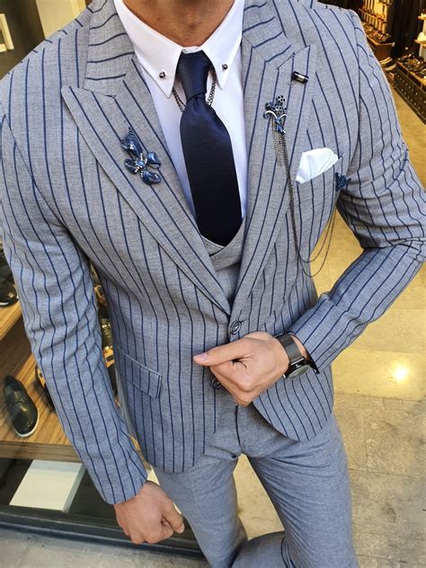 Gentwith Orem Navy Blue Slim Fit Pinstripe Suit Pinstripe Suit Grey