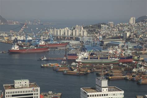 Busan Harbor Bridge And The Port Of Busan In Korea Editorial Stock