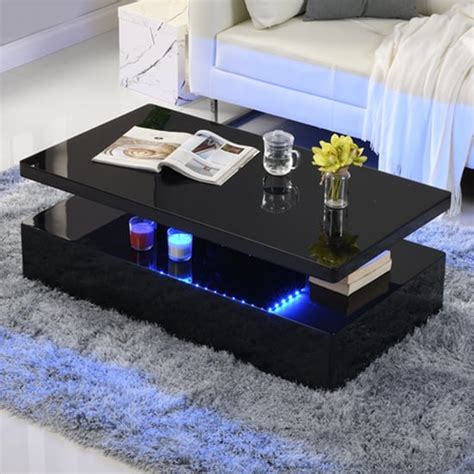 Quinton Glass Top High Gloss Coffee Table In Black With Led Furniture