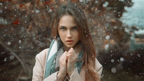 Wallpaper Brunette Face Snow Bokeh Blue Eyes Long Hair Women