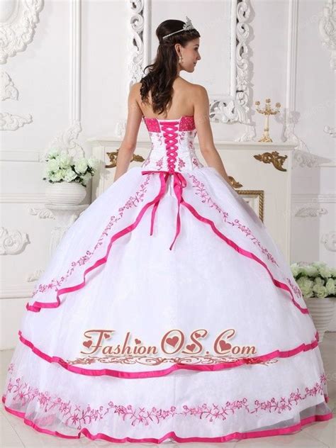 Impression White And Hot Pink Quinceanera Dress Strapless Organza Beading And Embroidery Ball