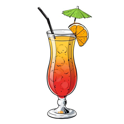 Cocktail Sex On The Beach Hand Drawn Alcohol Drink With Orange Slice And Umbrella Vector