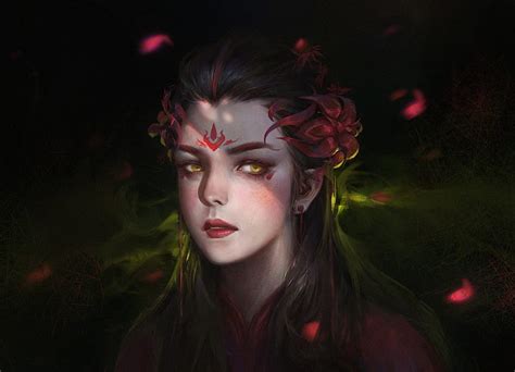 Fantasy Girl Face Huangbin Wang Art Red Frumusete Luminos Black