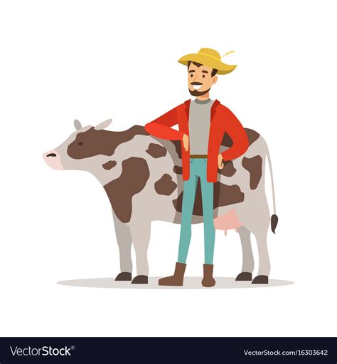Farmer Man Caring For His Cow Farming And Vector Image