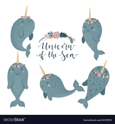 Set Of Cute With Narwhal Baby Royalty Free Vector Image