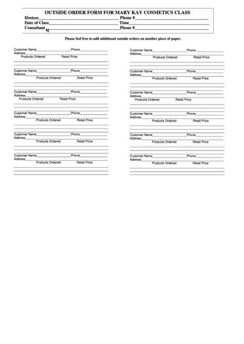 order form  mary kay cosmetics class printable