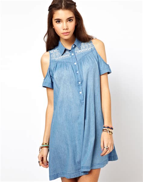 Pretties Closet Asos Embroidered Denim Dress With Cold Shoulder Detail