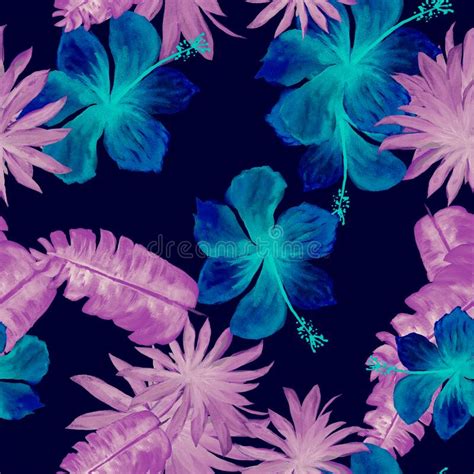 Navy Seamless Foliage Violet Pattern Art Blue Tropical Design Purple