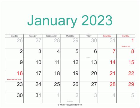 January 2023 Calendar Printable With Holidays Whatisthedatetodaycom