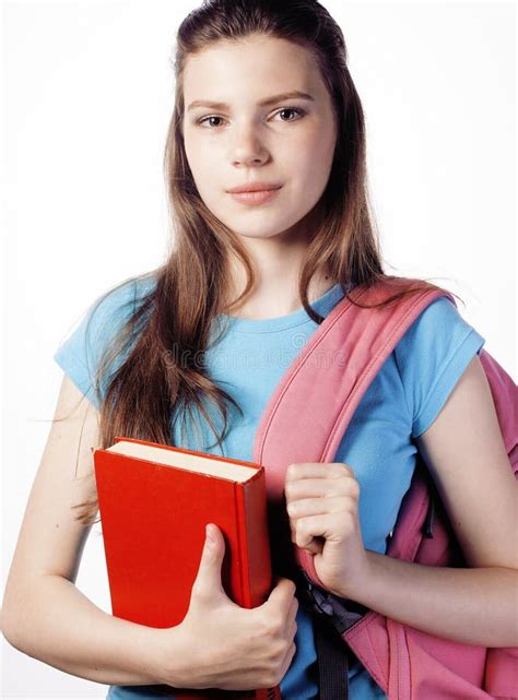 Young Cute Teenage Girl Posing Cheerful Against White Background Books