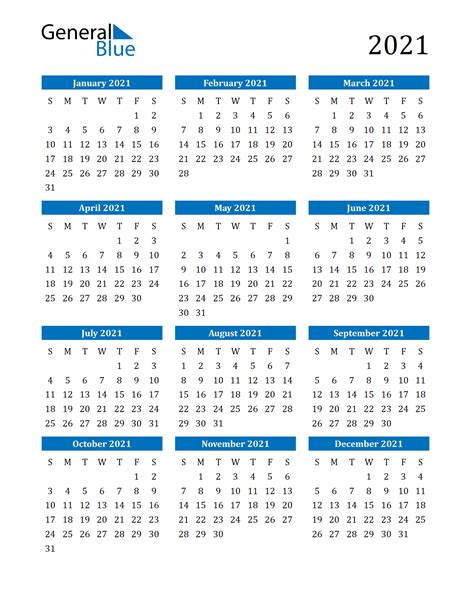 2021 Yearly Calendar Print Out Calendar Printable Free