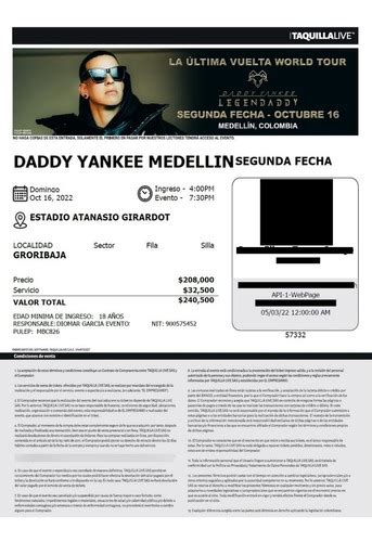 Boletas Daddy Yankee Fecha 2 Medellín Oriental Baja 161022 Mercadolibre