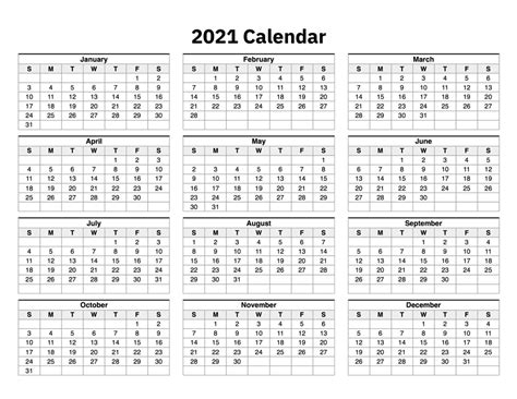 2020 2021 Calendar Printable One Page