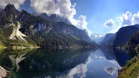 Lake Forest Green Mountain Water Summer Grass Cliff Clouds Austria