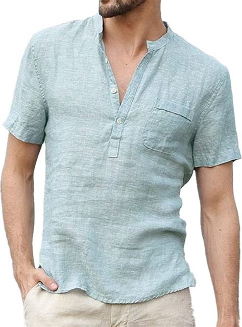 Fansu Camisa Hombre Lino Manga Corta Verano Blusa Top Sin Cuello De Color Sólido Suelta Camisas
