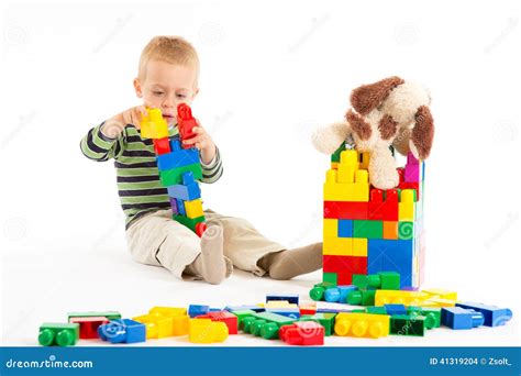 Little Cute Boy Playing With Building Blocks Isol Stock Photo Image