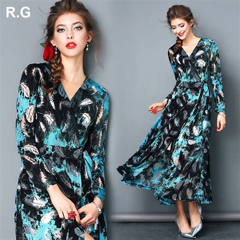 Rg Long Sleeve Spring Autumn Dresses Women Sexy V Neck Maxi Dress