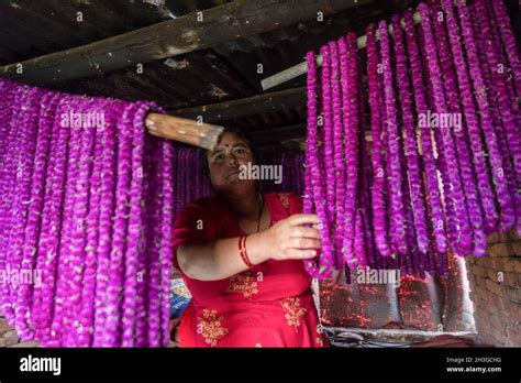 Bhaktapur Nepal 28th Oct 2021 A Woman Arranges Garlands Made Of