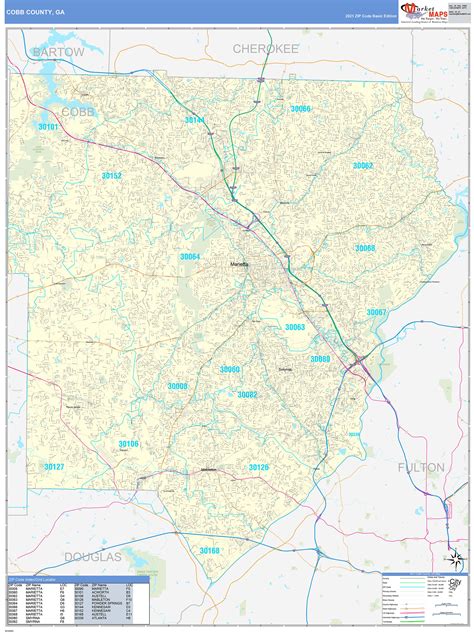 Cobb County Ga Zip Code Wall Map Basic Style By Marketmaps Mapsales