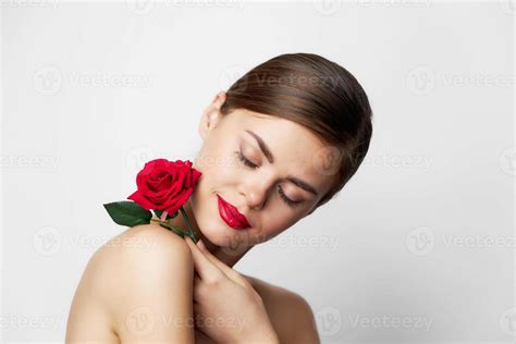 Portrait Of Woman With Rose Eyes Closed Red Lips 21993907 Stock Photo