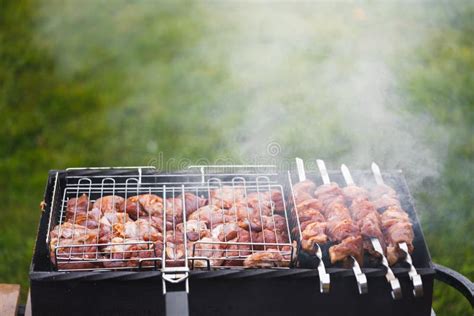 Grill Barbecue Meat On A Brazier With Smoke Green Grass Background Stock Image Image Of Heat