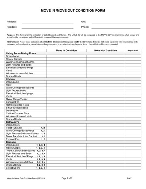 Move In Move Out Condition Form Property Unit Resident