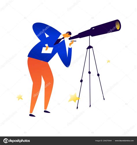 Illustration Man Telescope Vector Astronomer Examines Stars Search