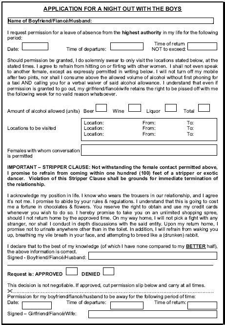 Boys Night Out Funny Application Form Best Friend